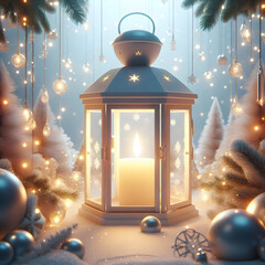 Vintage metal lantern with a flame and christmas decoration on a wooden table with snow in the background