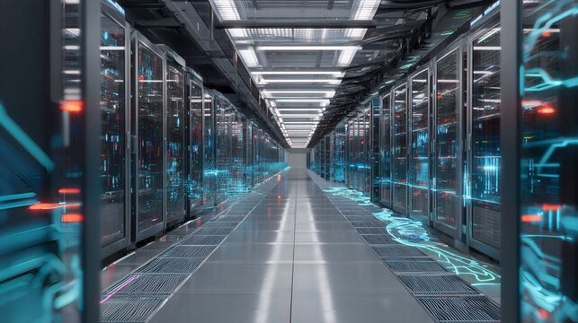 Data center featuring rows of servers, reflective floor, and bright lights, creating a high-tech, futuristic atmosphere.