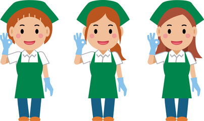 OKサインを出し、笑顔の緑エプロンの女性清掃員。その2