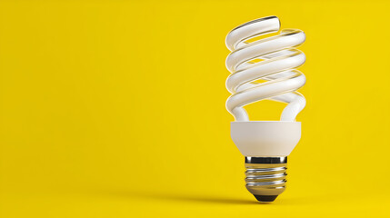 Close up of a spiral light bulb with a white base against a vibrant yellow background, symbolizing efficiency and innovation.
