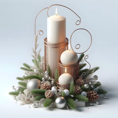 Christmas candle with festive decorations and pine wreath