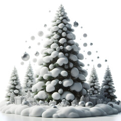 Snowy Christmas tree with decorations on white background