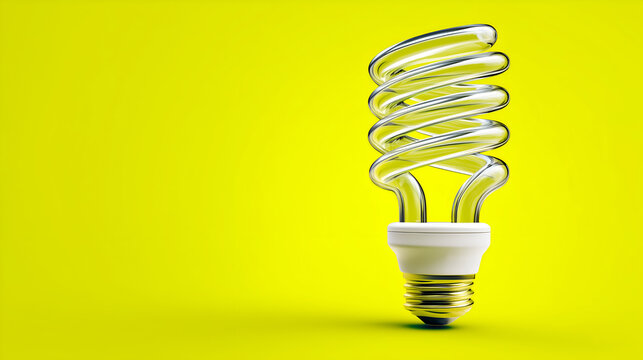 Energy-saving bulb: A compact fluorescent lamp stands tall, shining brightly against a solid, vibrant yellow background.