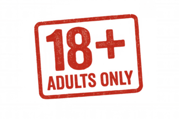 Red grunge 18+ adults only stamp indicating age restriction for mature content and censorship, transparent background