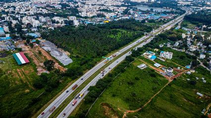 Ariel Shot of beautiful Bangalore City in India	with nice road passingby