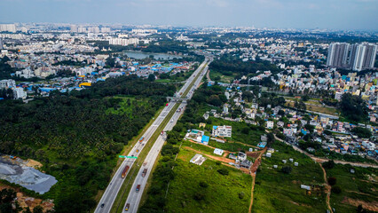 Ariel Shot of beautiful Bangalore City in India	with nice road passingby