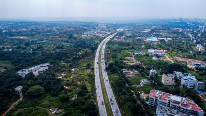Ariel Shot of beautiful Bangalore City in India	with nice road passingby