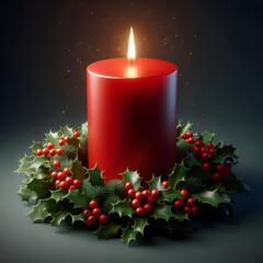 Christmas candle with holly and red berries decoration for the holiday season