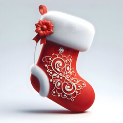 Red Christmas stocking filled with gifts hanging as a holiday decoration