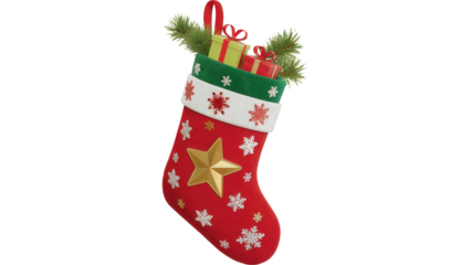 Festive red christmas stocking overflowing with colorful wrapped gifts and green pine sprigs isolated on transparent background