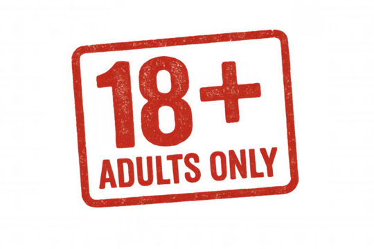 Red grunge 18+ adults only stamp indicating age restriction for mature content and censorship, transparent background