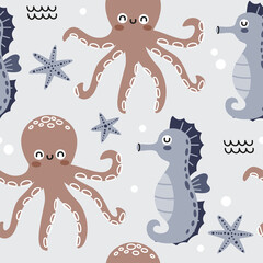 Whimsical Cartoon Underwater World Seamless Pattern Featuring Adorable Octopuses Starfish and Seahorses on a Light Blue Background