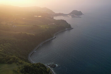 Aerial view of sunset above Zarautz and Getaria. Basque Country, Spain.
