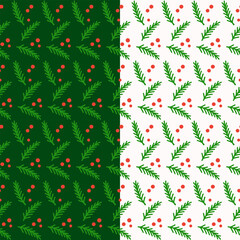 Christmas Branches and Berries Repeat on White and Dark Green