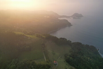 Aerial view of sunset above Zarautz and Getaria. Gipuzkoa, Basque Country, Spain.