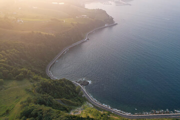 Sunset aerial view of coastline between Zarautz and Getaria Gipuzkoa, Basque Country, Spain.