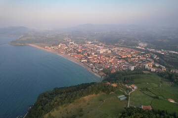 Drone view of Zarautz town on summer sunset. Basque Country, Spain.