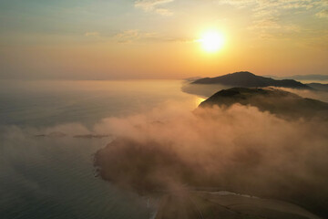 Aerial view of sunrise and clouds above Zarautz town. Gipuzkoa, Basque Country, Spain.