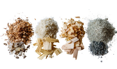 Four piles of wood and wood-like materials