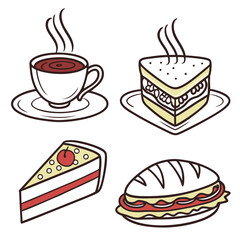 A delightful collection of hand drawn food illustrations featuring a steaming cup of coffee a savory sandwich a slice of cake and a sub sandwich perfect for cafe or restaurant themes