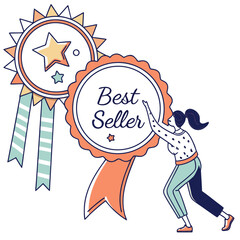 A determined woman proudly displays her achievement by pushing a large ornate best seller award ribbon with a star emblem and flowing ribbons