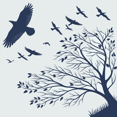 A flock of dark blue birds in silhouette flies around a bare silhouetted tree with a few leaves and grass at the bottom against a light blue background