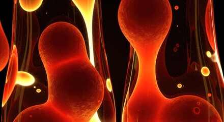Two glowing red lava lamps with yellow liquid inside, emitting light and bubbles on a black background.