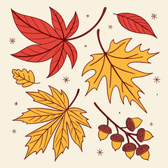 Fototapeta premium A vibrant collection of autumn leaves in red and yellow hues alongside a branch of acorns set against a soft cream background with small starburst accents