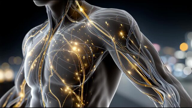 A man's body is shown in a black and white photo with a glowing, metallic look. The image is of a man's chest and arm, with the arm extended and the chest showing off the muscles