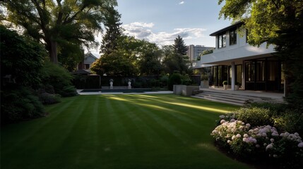 Beautiful modern home exterior featuring a sprawling lawn, vibrant flowerbeds, and an inviting atmosphere for outdoor relaxation.