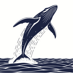 Majestic humpback whale breaching out of deep blue ocean waves in a stylized illustration with a white background © Mamun