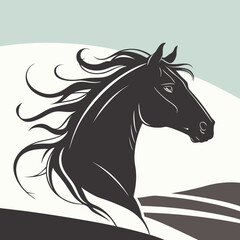 Majestic dark horse silhouette galloping through rolling hills with flowing mane and tail against a soft sky background
