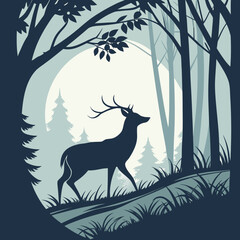 Majestic stag silhouette walking through a serene forest landscape under a pale moonlit sky with tall trees and evergreen pines