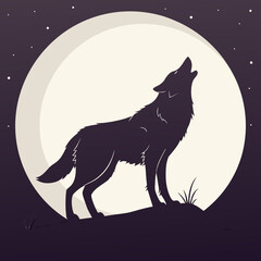 Silhouette of a lone wolf howling at a large bright full moon against a dark starry night sky with a purple hue