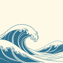Stylized illustration of a powerful cresting blue ocean wave against a cream background in a classic japanese ukiyo e art style