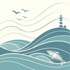 Stylized illustration of a serene ocean scene with rolling waves a leaping fish a distant lighthouse on a hill and soaring seagulls against a pale sky