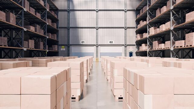Warehouse interior with cardboard boxes on racks for logistic distribution