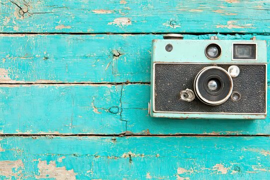 Aged camera on weathered, turquoise wooden boards - Powered by Adobe