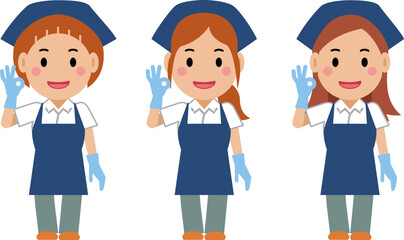 OKサインを出し、笑顔の紺色エプロンの女性清掃員。その2