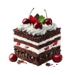 Rich chocolate cake layered with whipped cream and cherries