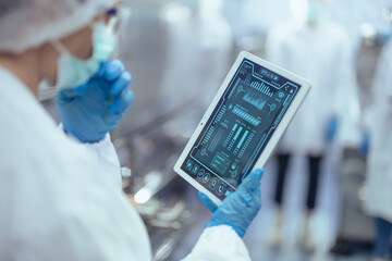 technician worker using tablet in food and drinks factory monitor control inspecting production line