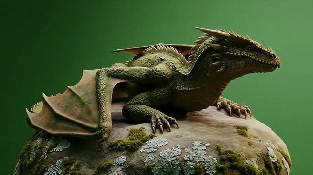 A green dragon with wings spread sits atop a mossy rock against a solid green background.