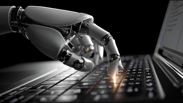 A robot is typing on a keyboard with a finger on the number 3. Concept of technology and automation, as well as the idea of a machine performing a task that would typically be done by a human