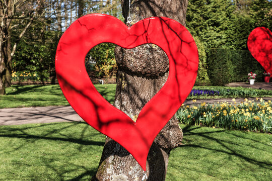 Public park decorated with big red heart
