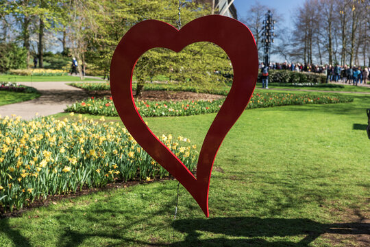 Public park decorated with big red heart