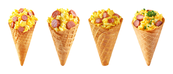 Four innovative savory breakfast cones filled with scrambled eggs and sausage, isolated on black with transparent background PNG set.