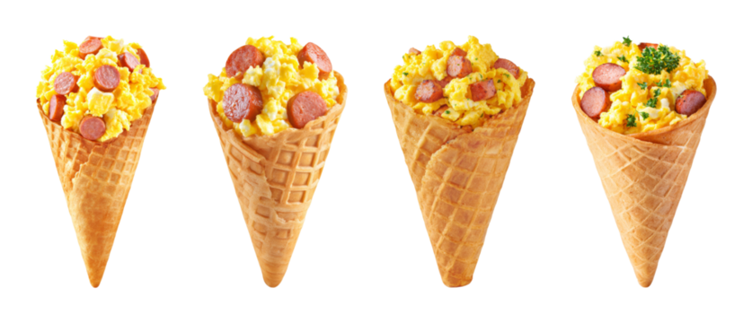 Four innovative savory breakfast cones filled with scrambled eggs and sausage, isolated on black with transparent background PNG set.