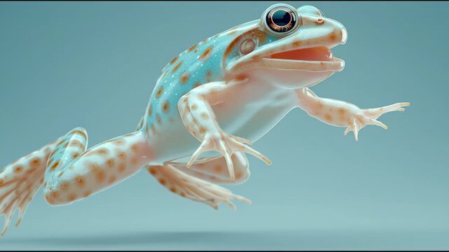 A frog with a blue and orange pattern on its back. The frog is in the air and has its eyes open