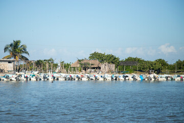 El Cuyo, Mexico; November 1, 2025: Fishing boats in the harbor of a fishing village in Yucatan.