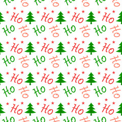 Seamless Christmas Pattern with Lettering, Trees and Stars Repeat on White Background